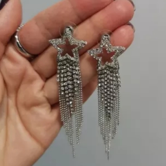 💖 Rhinestone Shooting stars tassel silver Statement formal dangle Earrings new - Picture 14 of 15